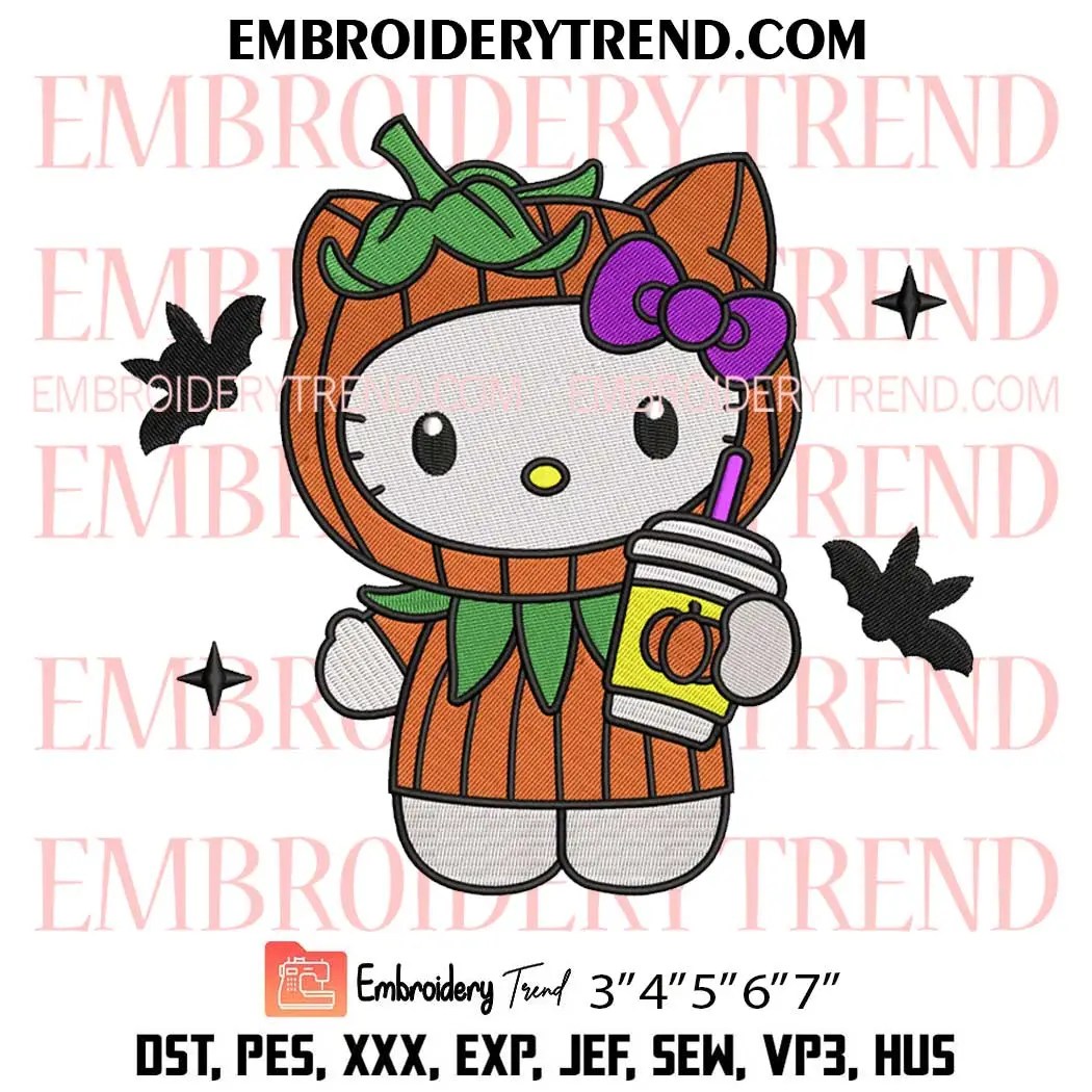 Pumpkin Hello Kitty Spice Latte Embroidery Design, Cute Kitty Halloween