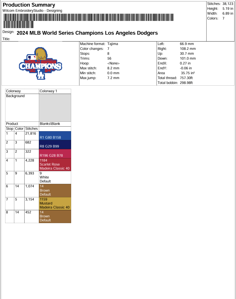 2024 MLB World Series Champions Embroidery Design, Los Angeles Dodgers