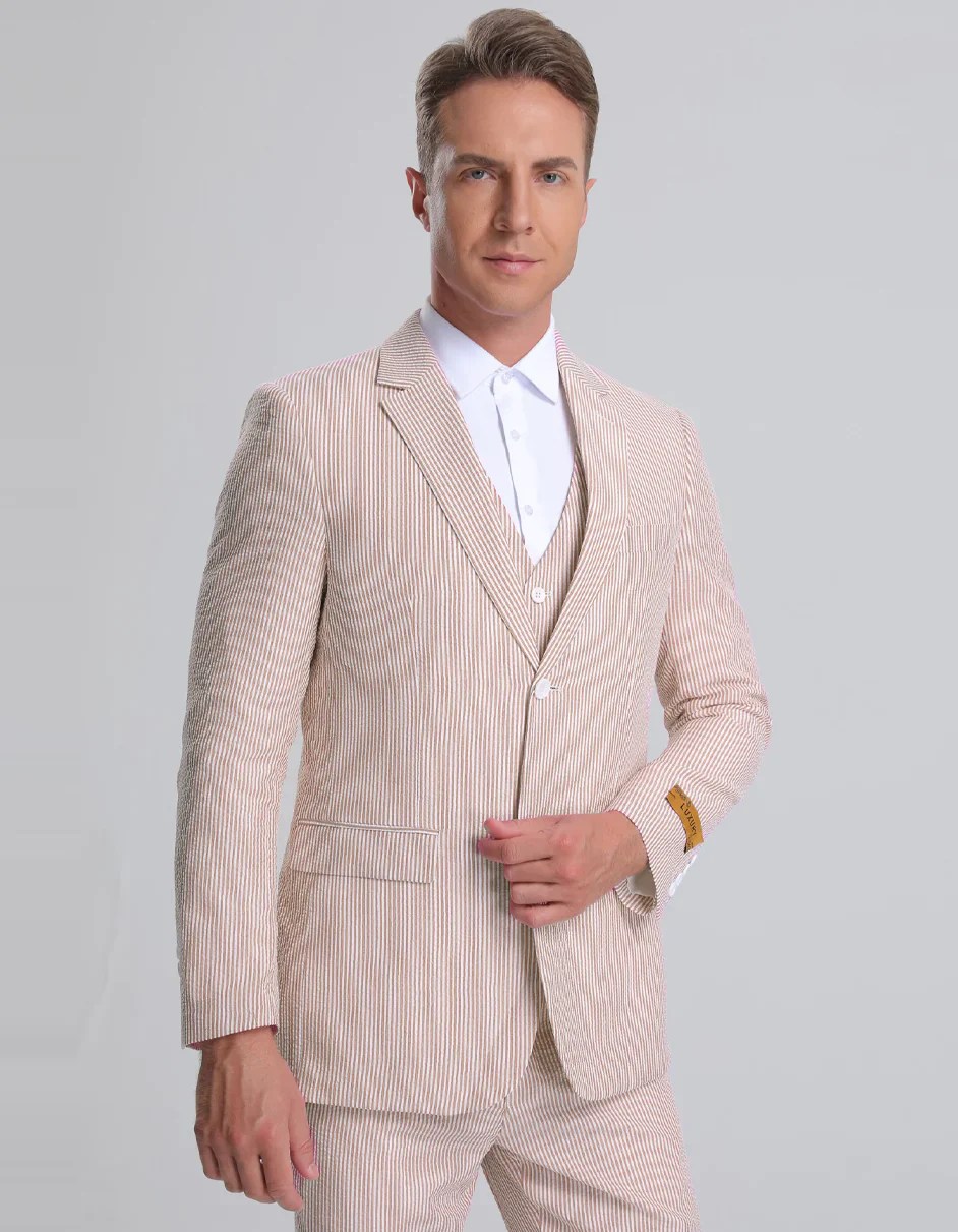 "Tan Pinstripe Vested Seersucker Suit Big & Tall for Kentucky Derby"