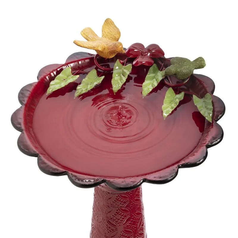 28Inch Metal Bird Bath with Birds and Leaves Red Garden Decoration