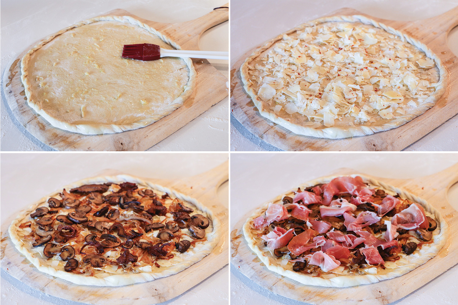 Breakfast Pizza with Prosciutto, Caramelized Onions, Mushrooms