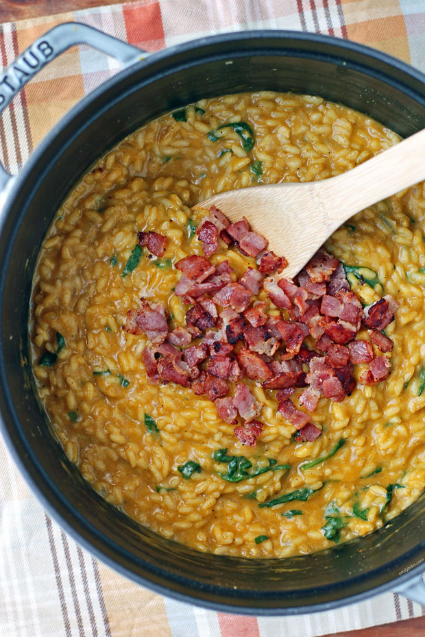 Pumpkin Risotto with Spinach and Bacon Emily Bites