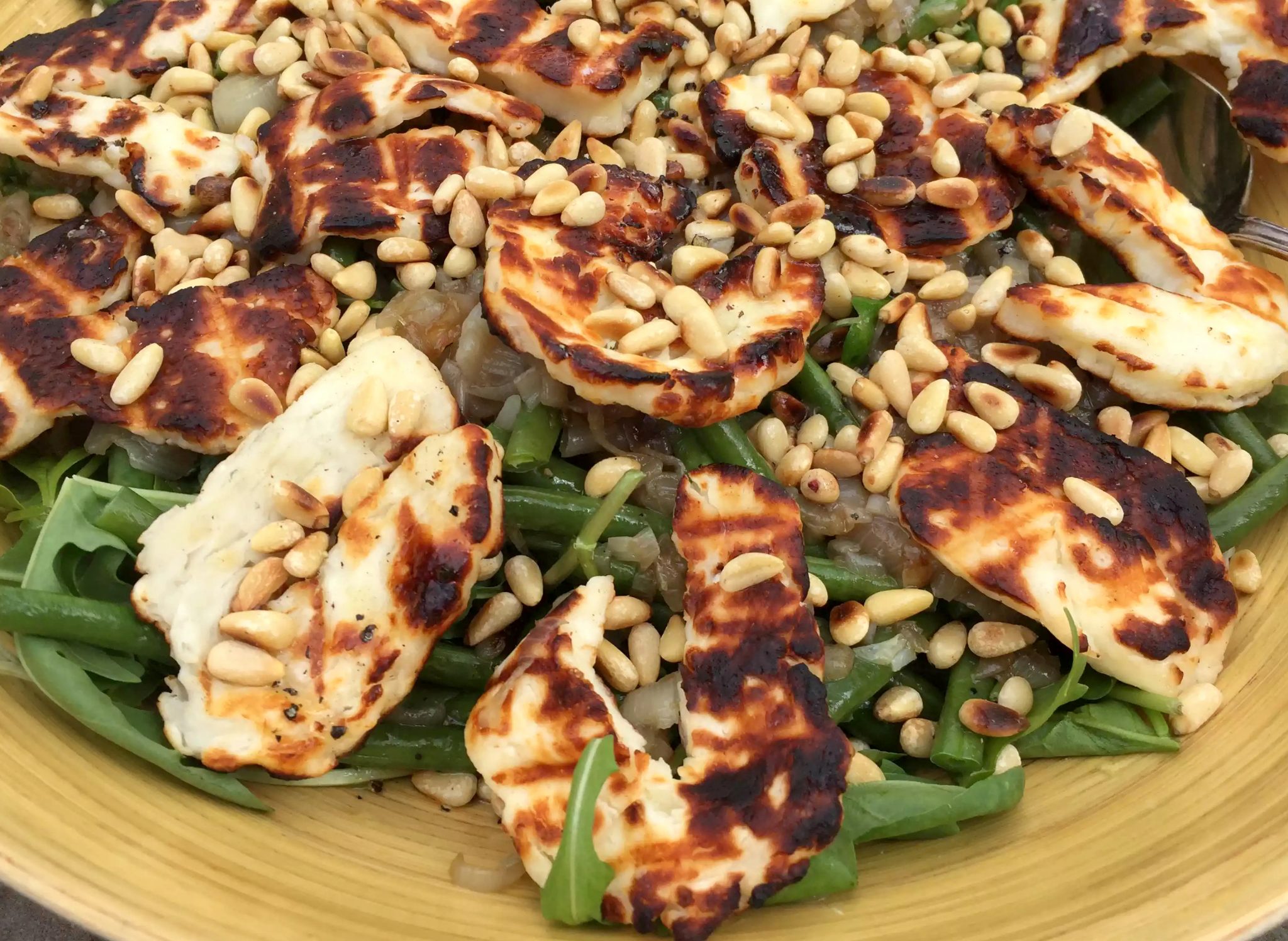 Grilled Halloumi, Caramelised Shallots, Green Bean & Pine Nut Salad