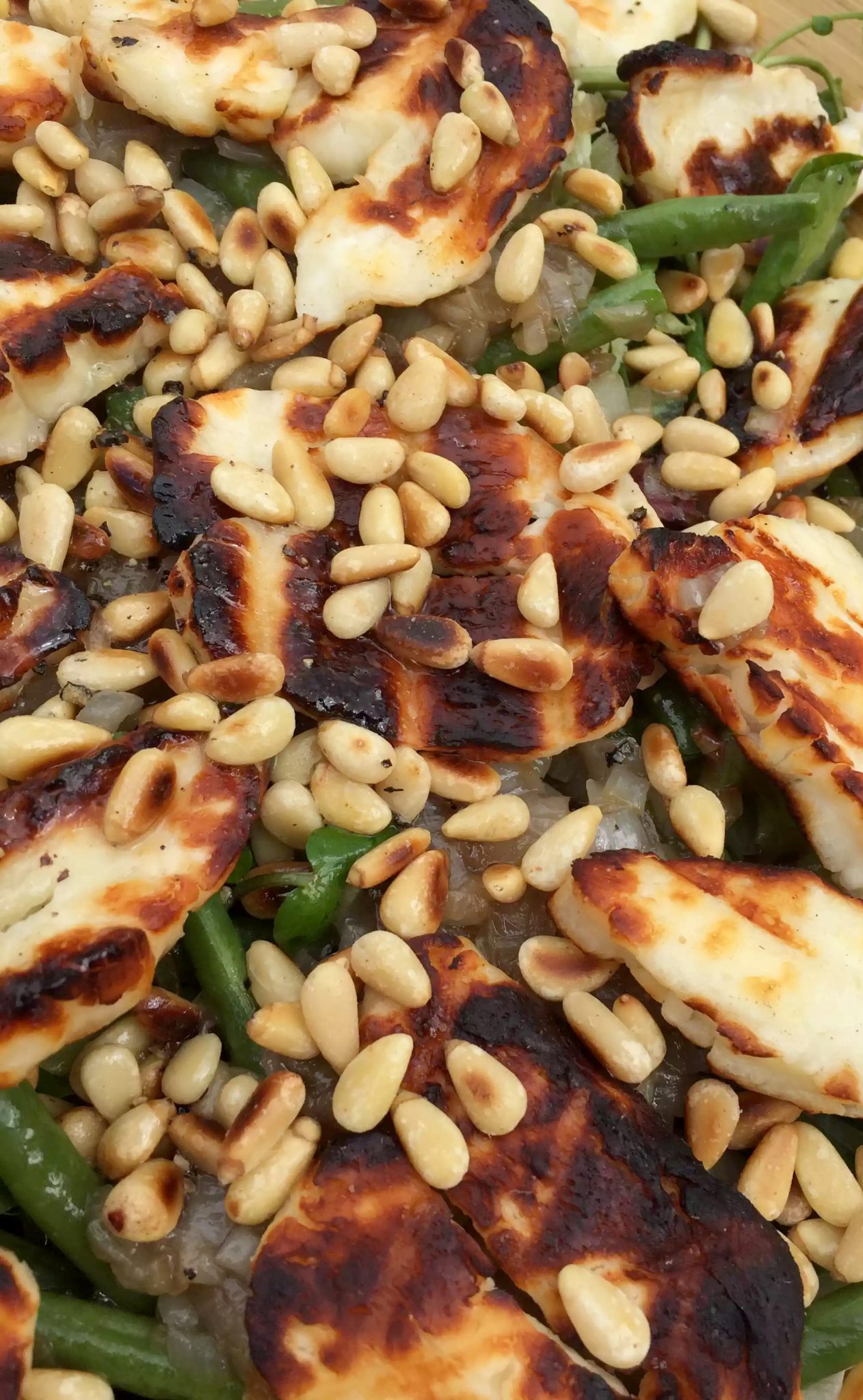 Grilled Halloumi, Caramelised Shallots, Green Bean & Pine Nut Salad