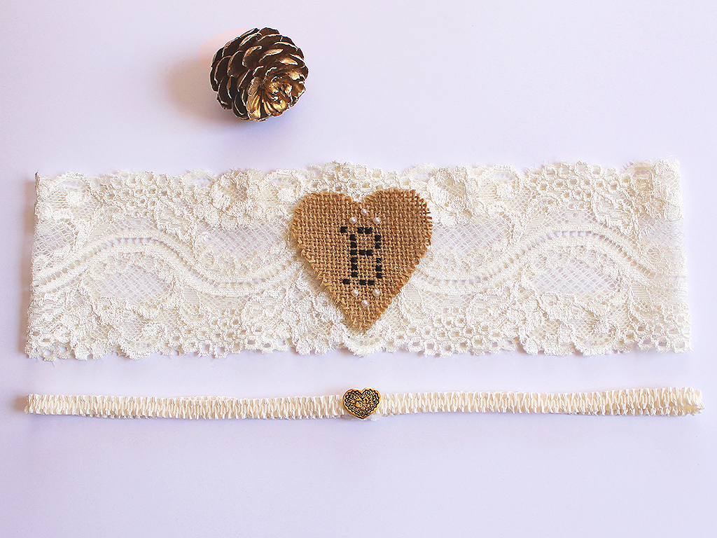 Rustic Personalized Monogram Wedding Lace Garter Set, Ivory Bride