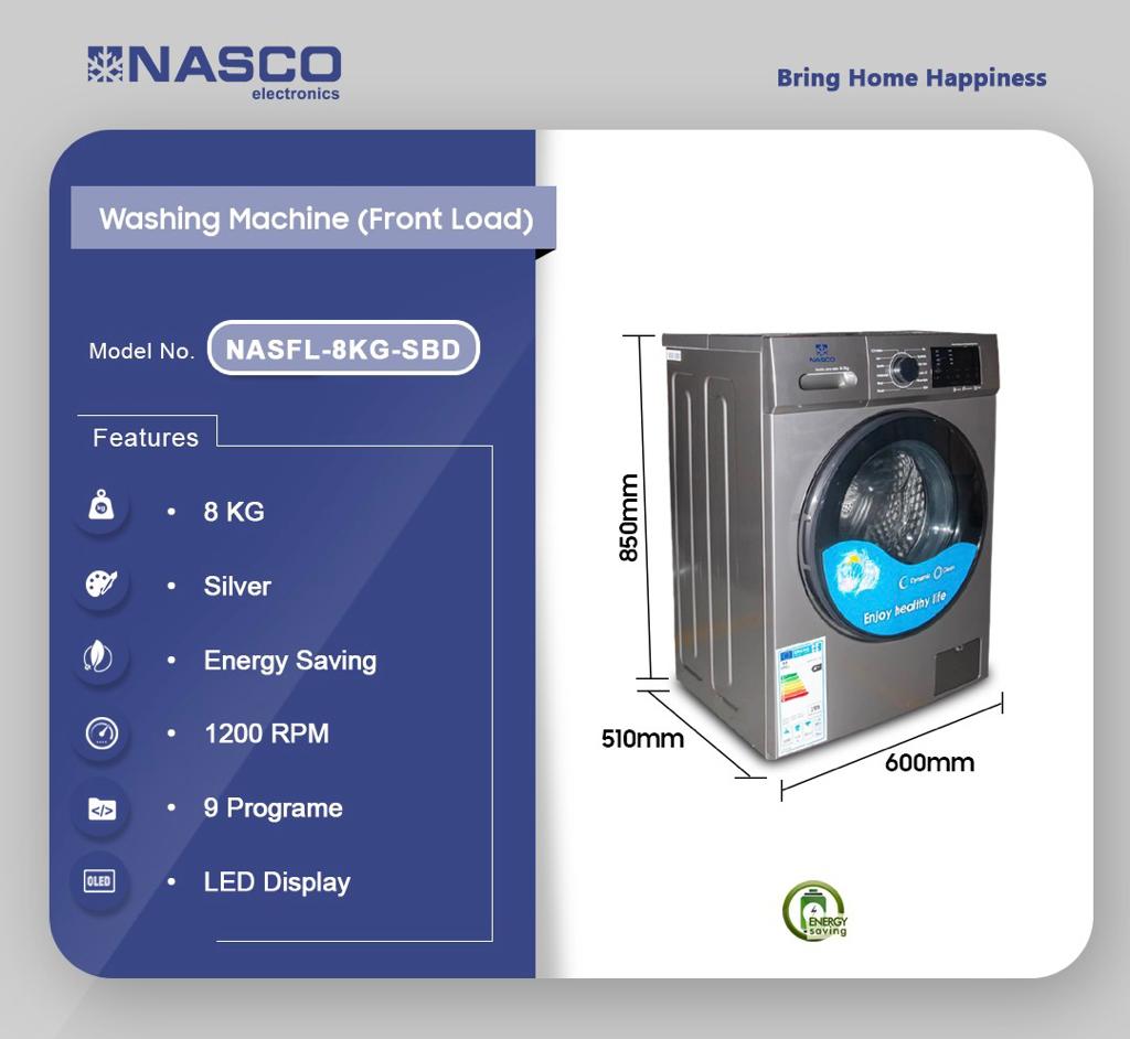 NASCO 8KG FRONT LOAD FULLAUTO WASHING MACHINE NASFL8KGSBD Emms Gift