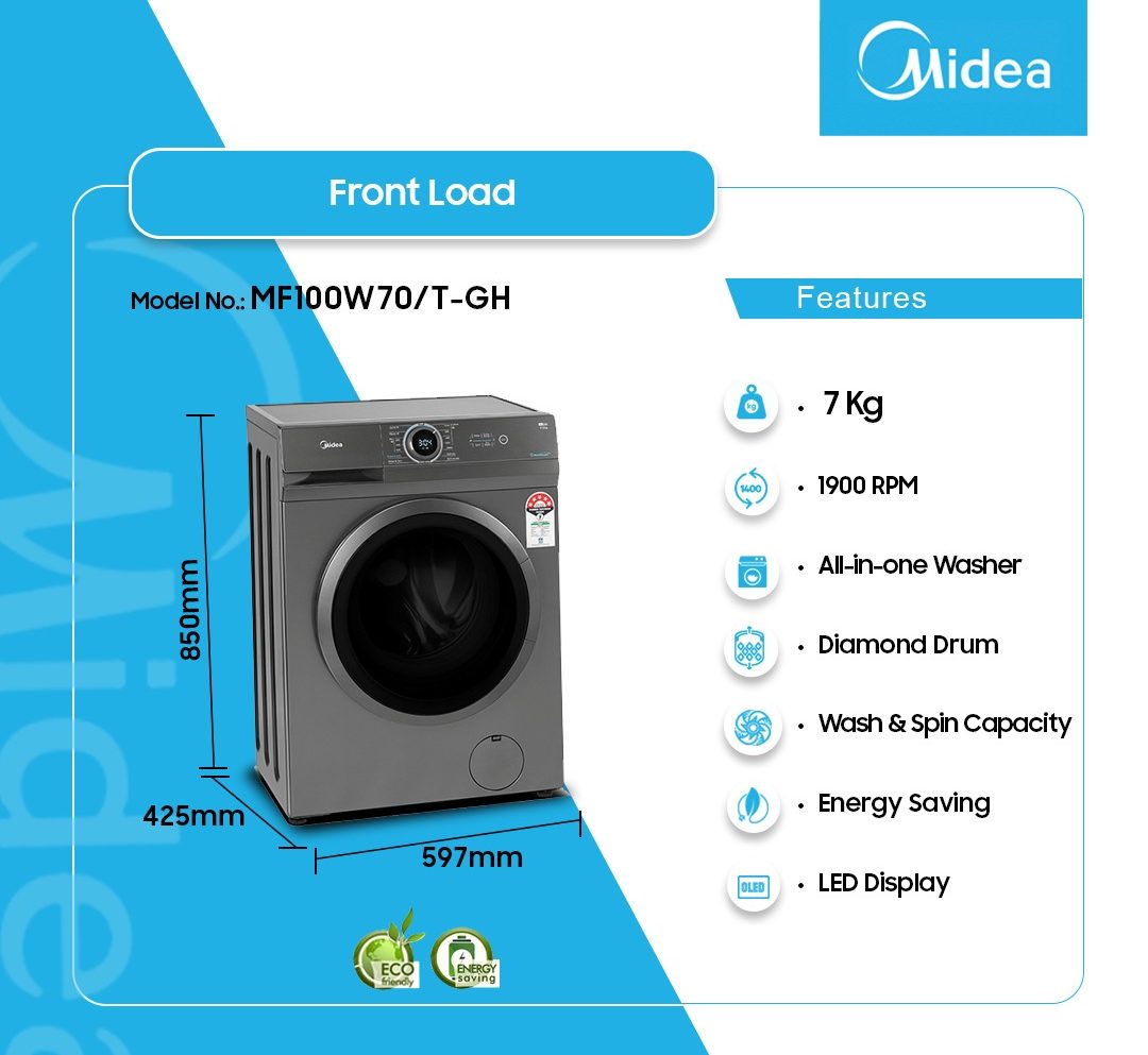 MIDEA 7KG FRONT LOAD FULL AUTO WASHING MACHINE MF100W70/TGH Emms Gift