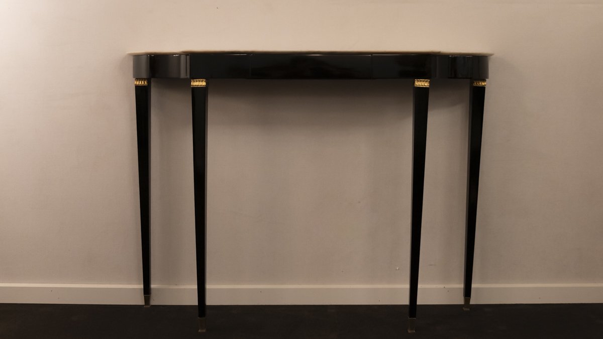 Mid Century Console Table with Pink Marble top and finished in Piano