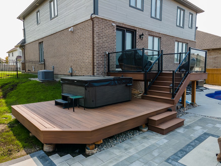 Two Tier Composite Deck, Interlock Patio, Al Railing, Fire Pit, Pool