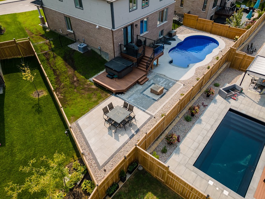 Two Tier Composite Deck, Interlock Patio, Al Railing, Fire Pit, Pool