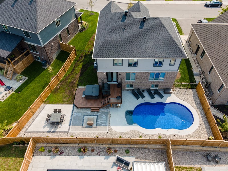 Two Tier Composite Deck, Interlock Patio, Al Railing, Fire Pit, Pool