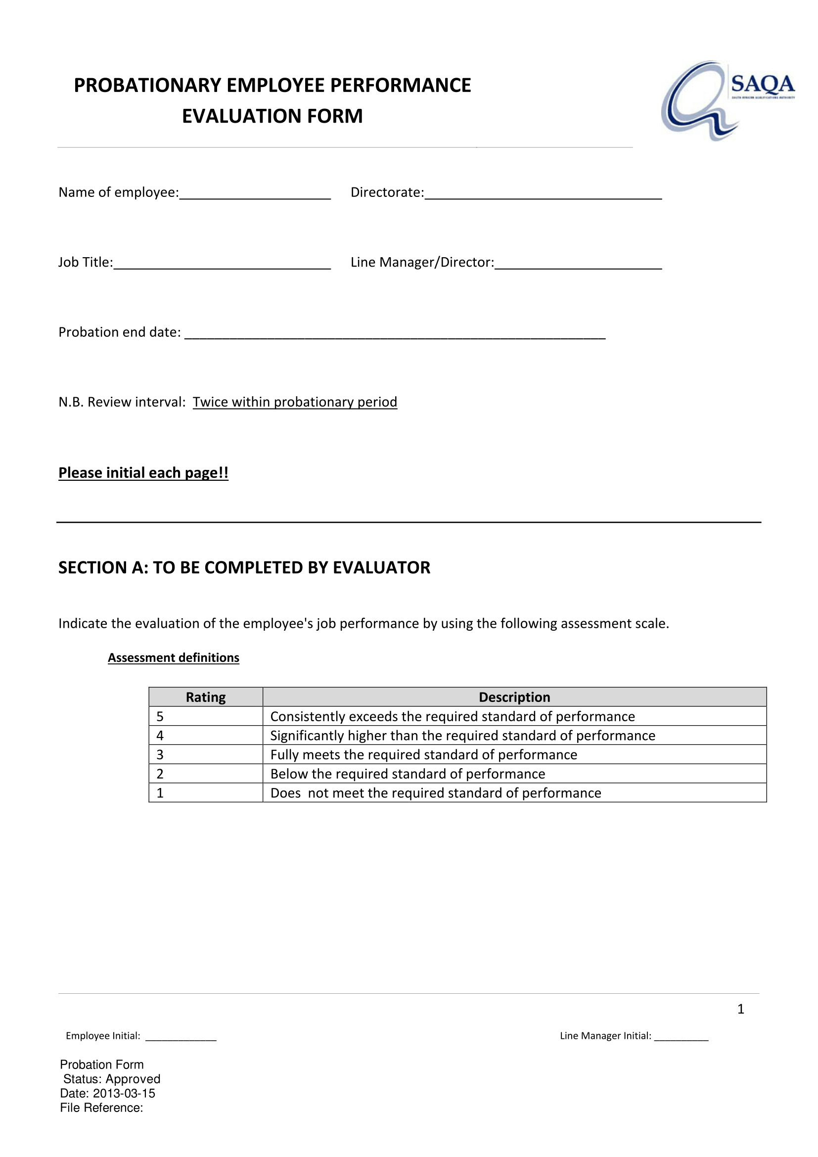 Probationary Employee Performance Evaluation Form Employee Evaluation