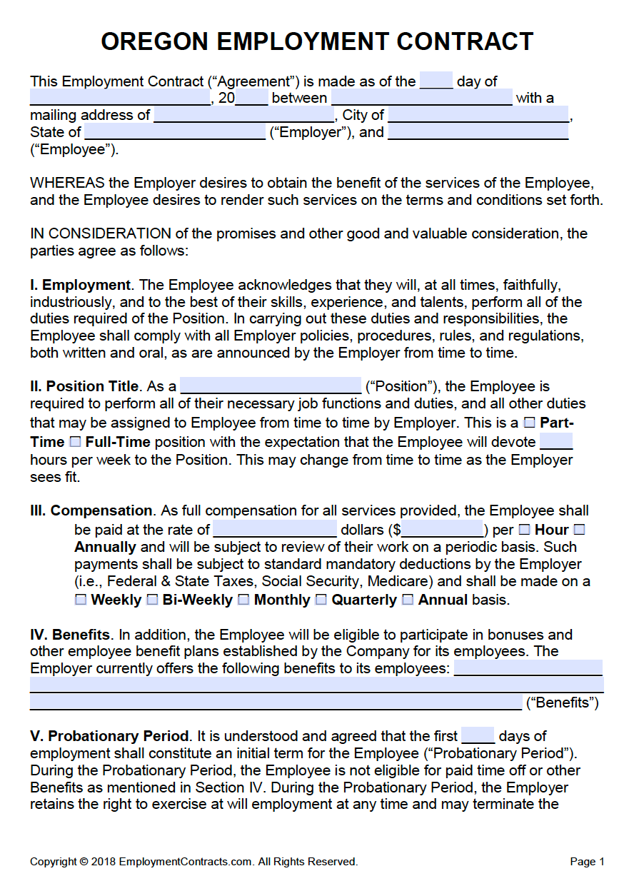 Free Oregon Employment Contract Template PDF Word