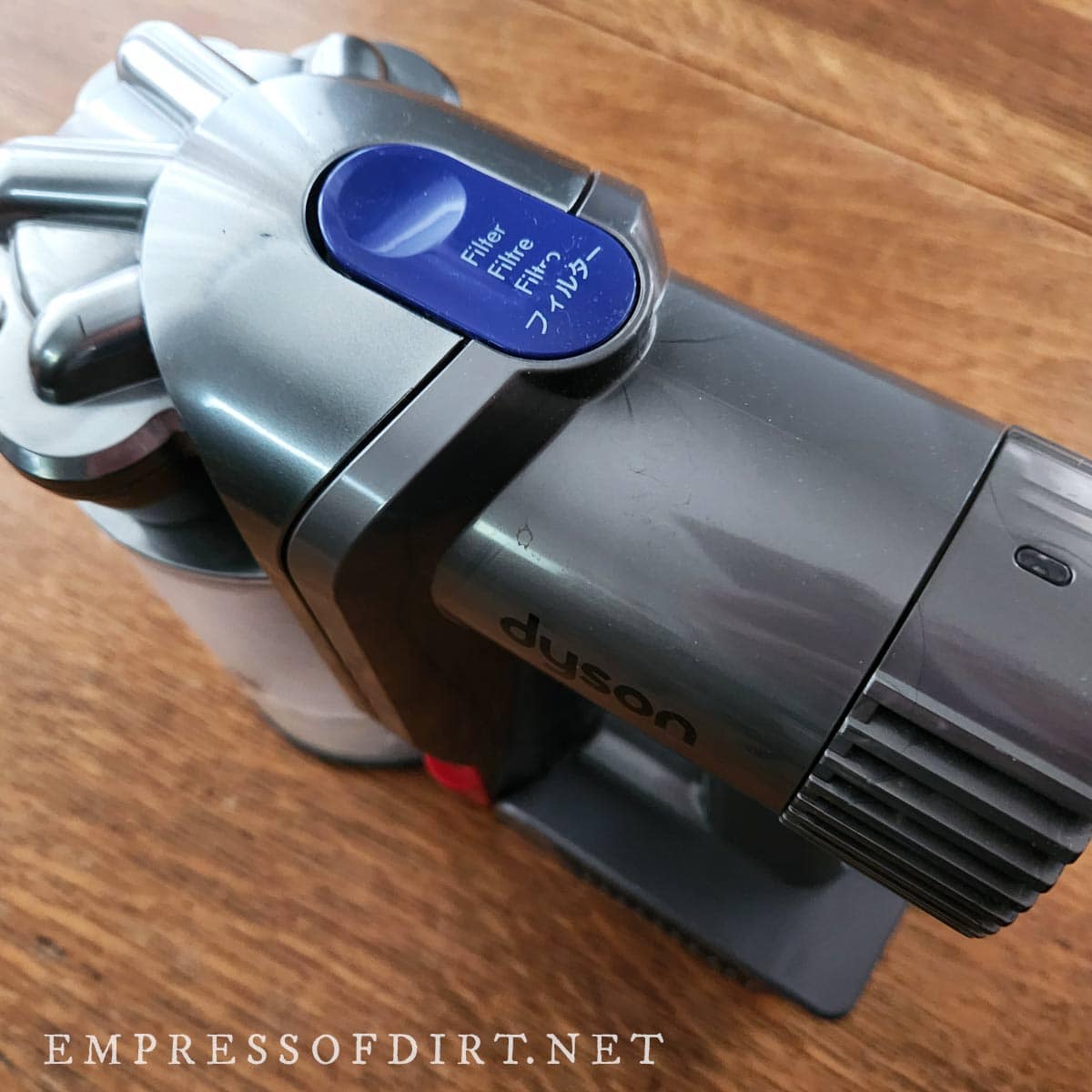 The blue button releases the vac head to access the washable filter.