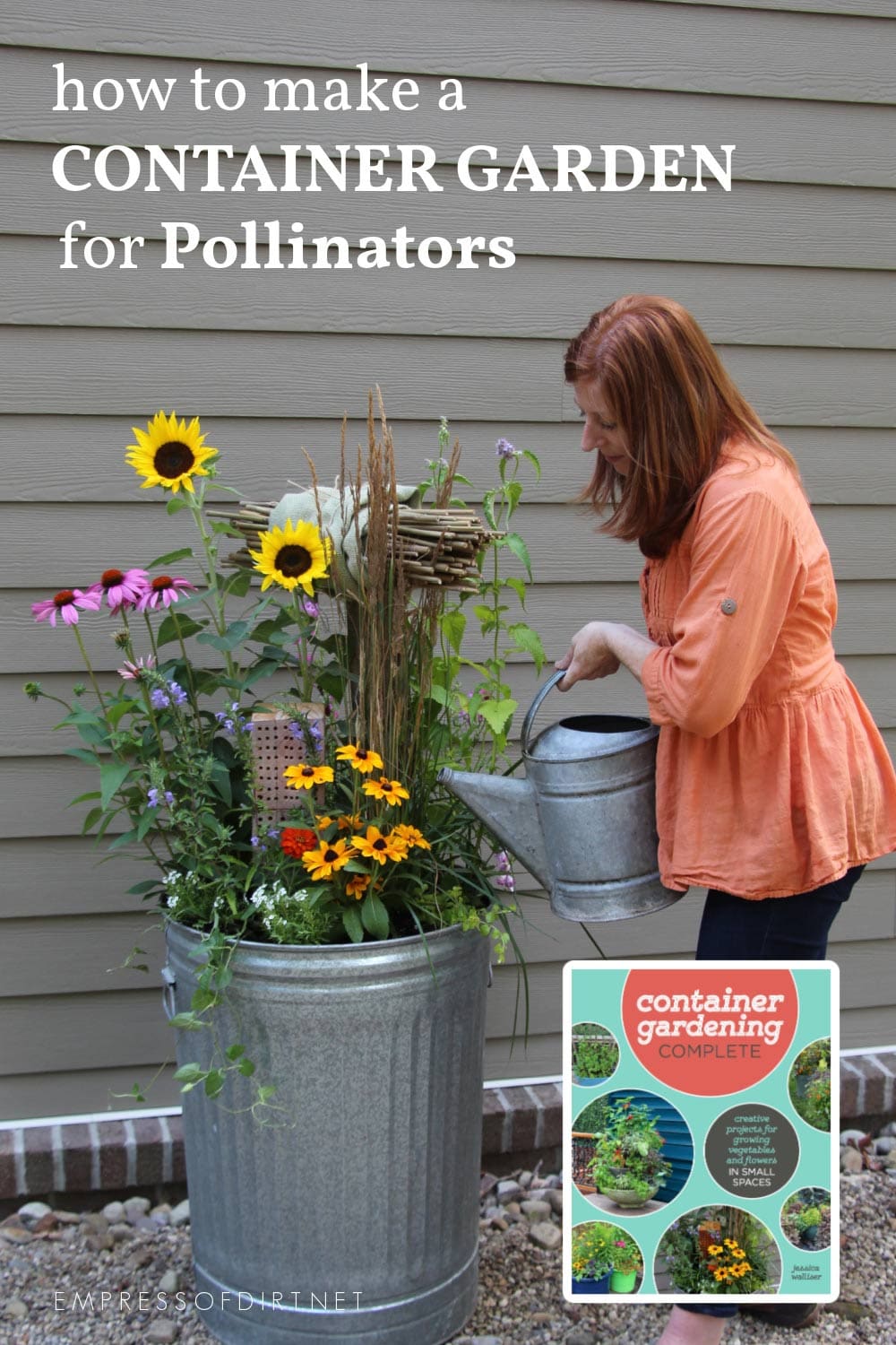 Woman watering pollinator garden planted in galvanized trashcan.
