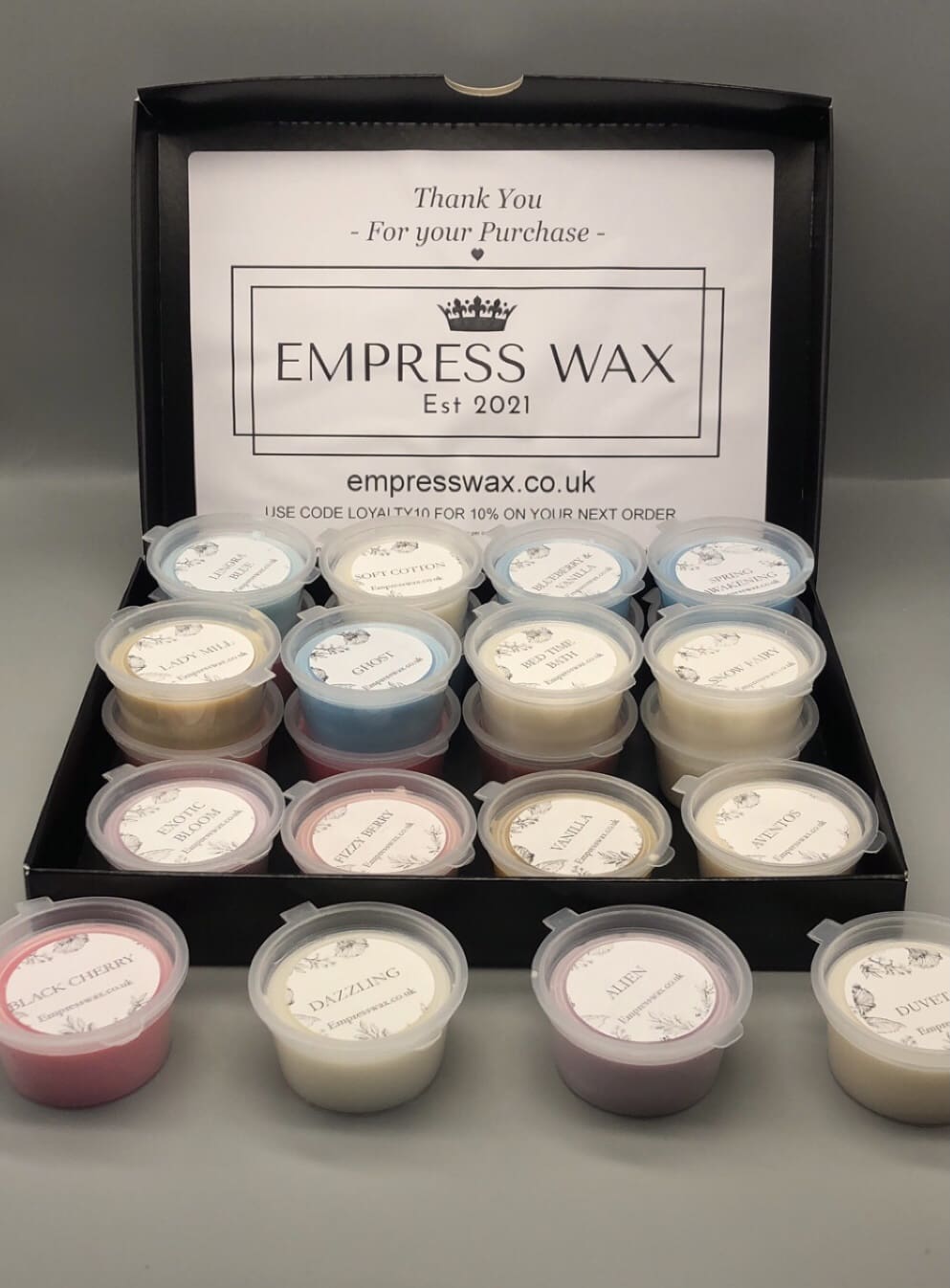 Best sellers box 24 highly scented wax melt shot pots Empress Wax