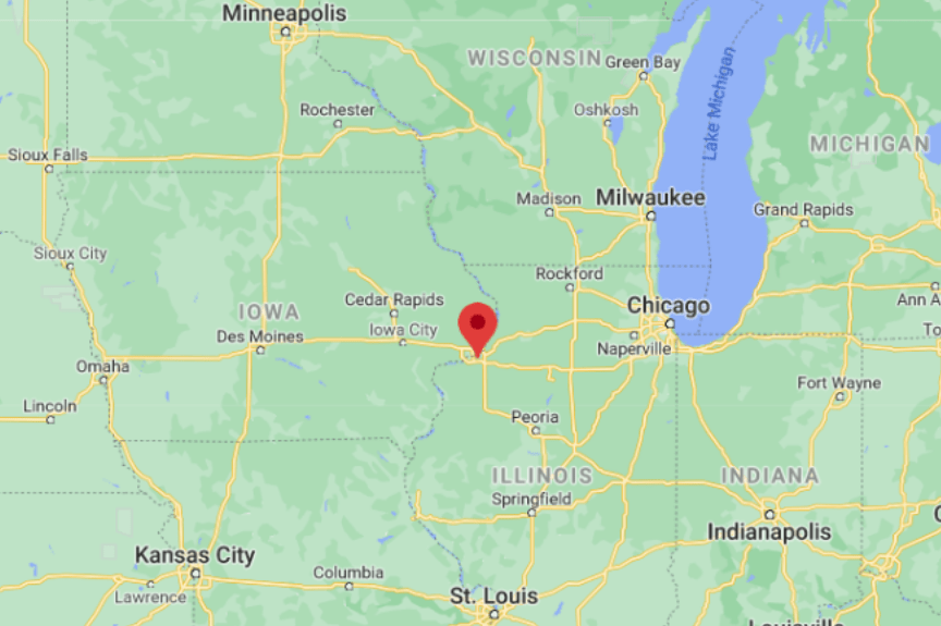 A screenshot of Google Maps with the East Moline area highlighted