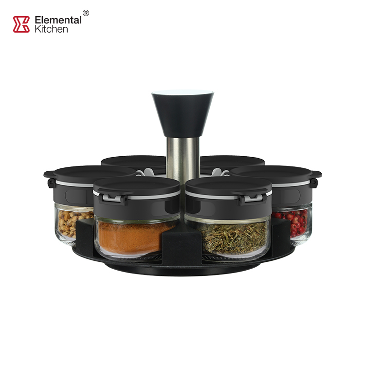 Glass Dual Lid Round Spice Jar with Lazy Susan Rack 79352008