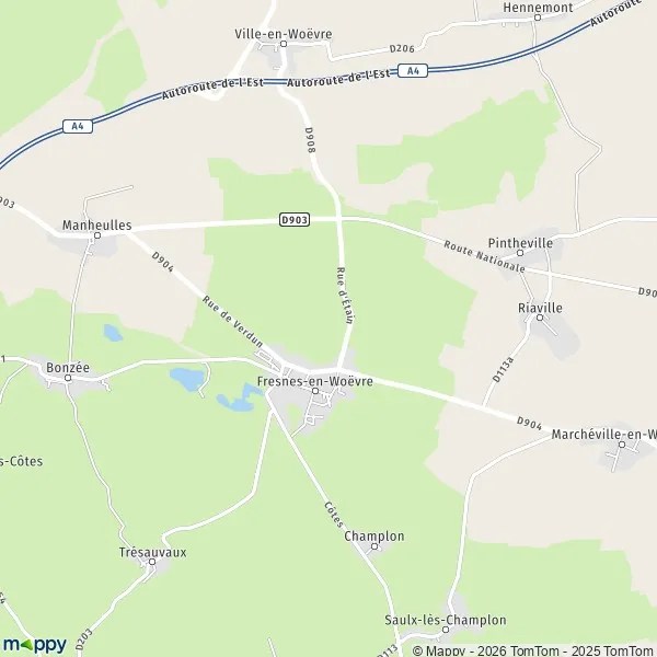 Map FresnesenWoëvre map of FresnesenWoëvre (55160) and practical