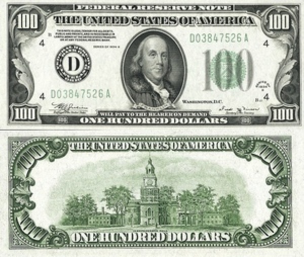 100 Dollars (Federal Reserve Note; Large 100; small portrait) United