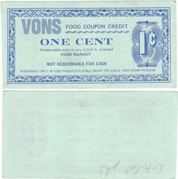 1 Cent Food Stamp Scrip (Vons Market) United States Numista