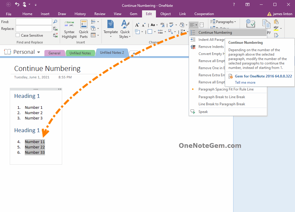 EXE How to Continuously Number 2 Separated Numbering Lists in OneNote