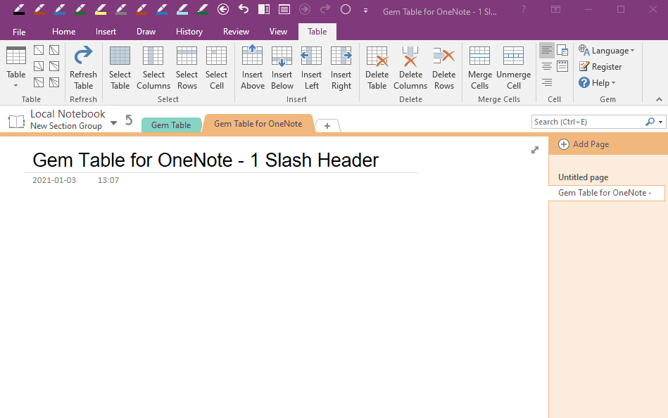 Create a Gem Table with 1 Slash Header in OneNote Office OneNote Gem