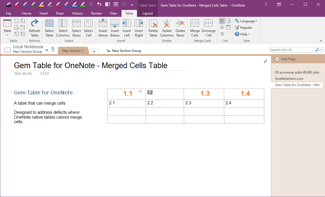 Unmerged Cell of Gem Table in OneNote and Revert to Multiple Cells