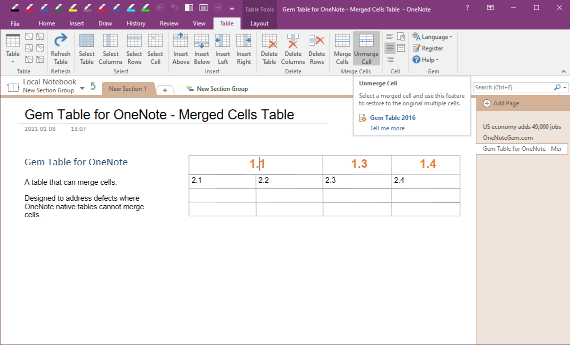 Unmerged Cell of Gem Table in OneNote and Revert to Multiple Cells