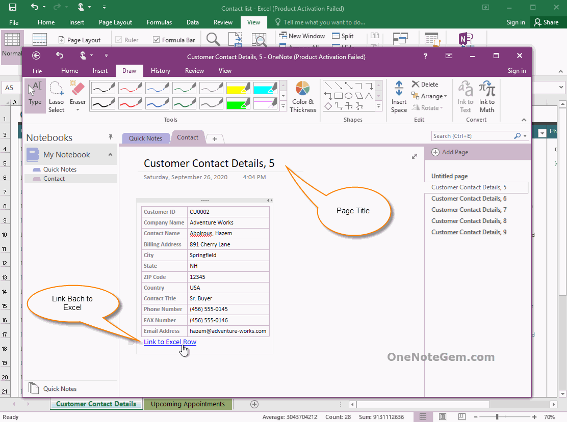 Send Selected Excel Rows to OneNote, Generating Multiple Corresponding