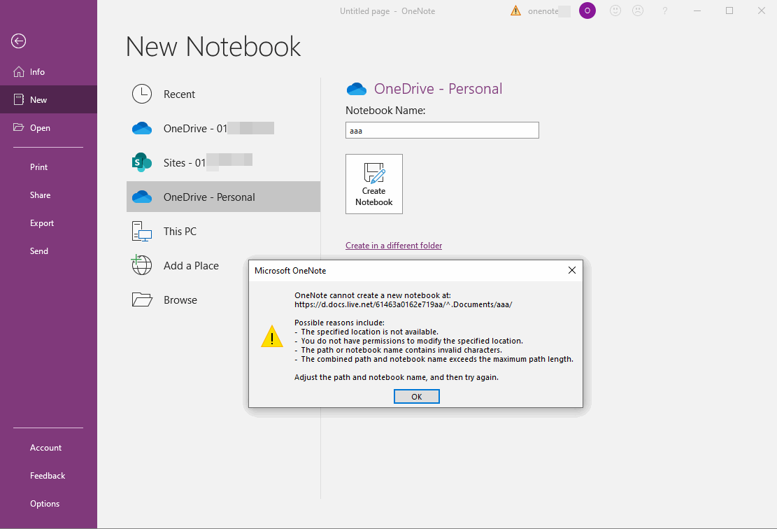 EXE OneNote cannot create a new notebook at Possible reasons include