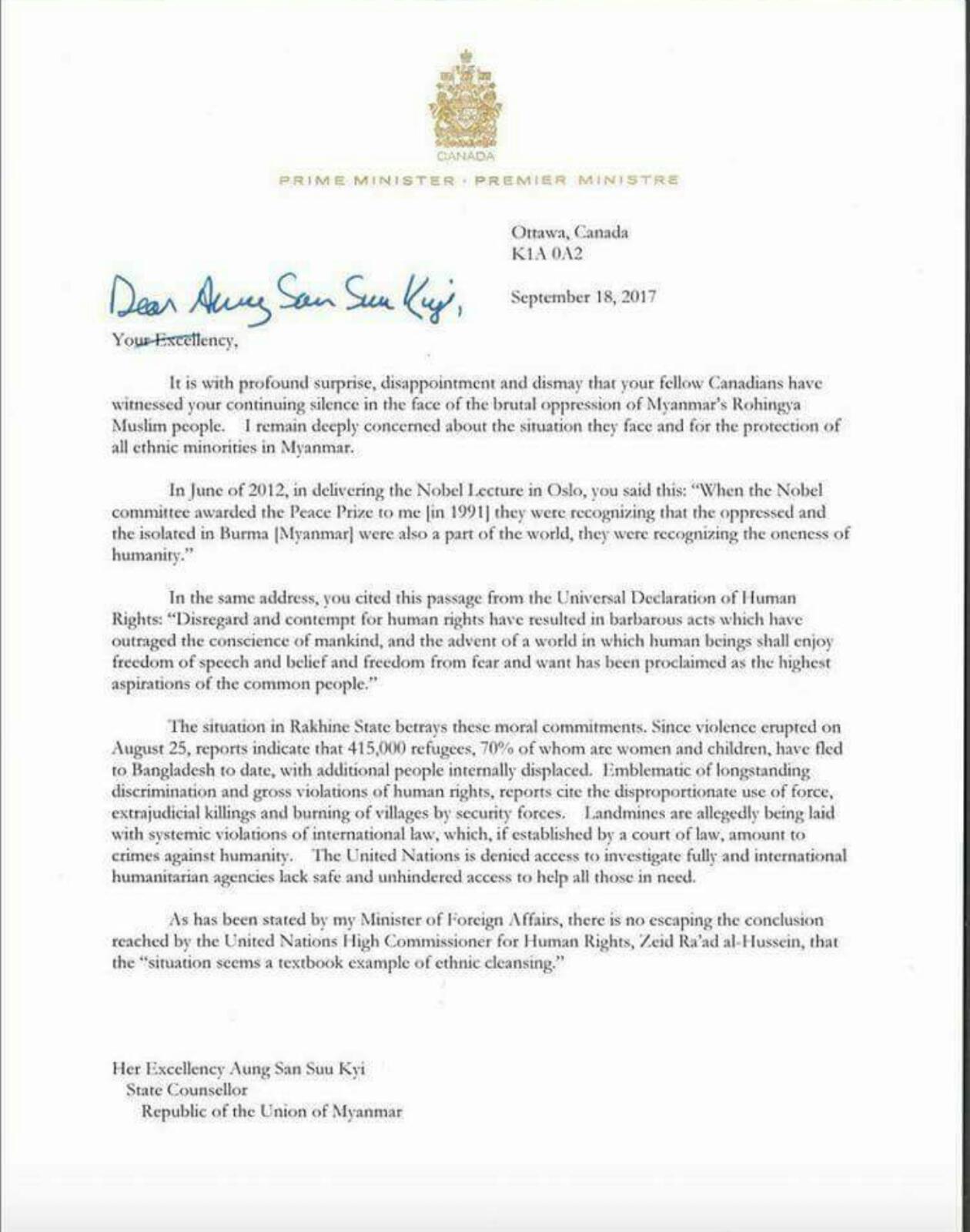 Letter from Canadian prime minister to Aung San Suu Kyi International