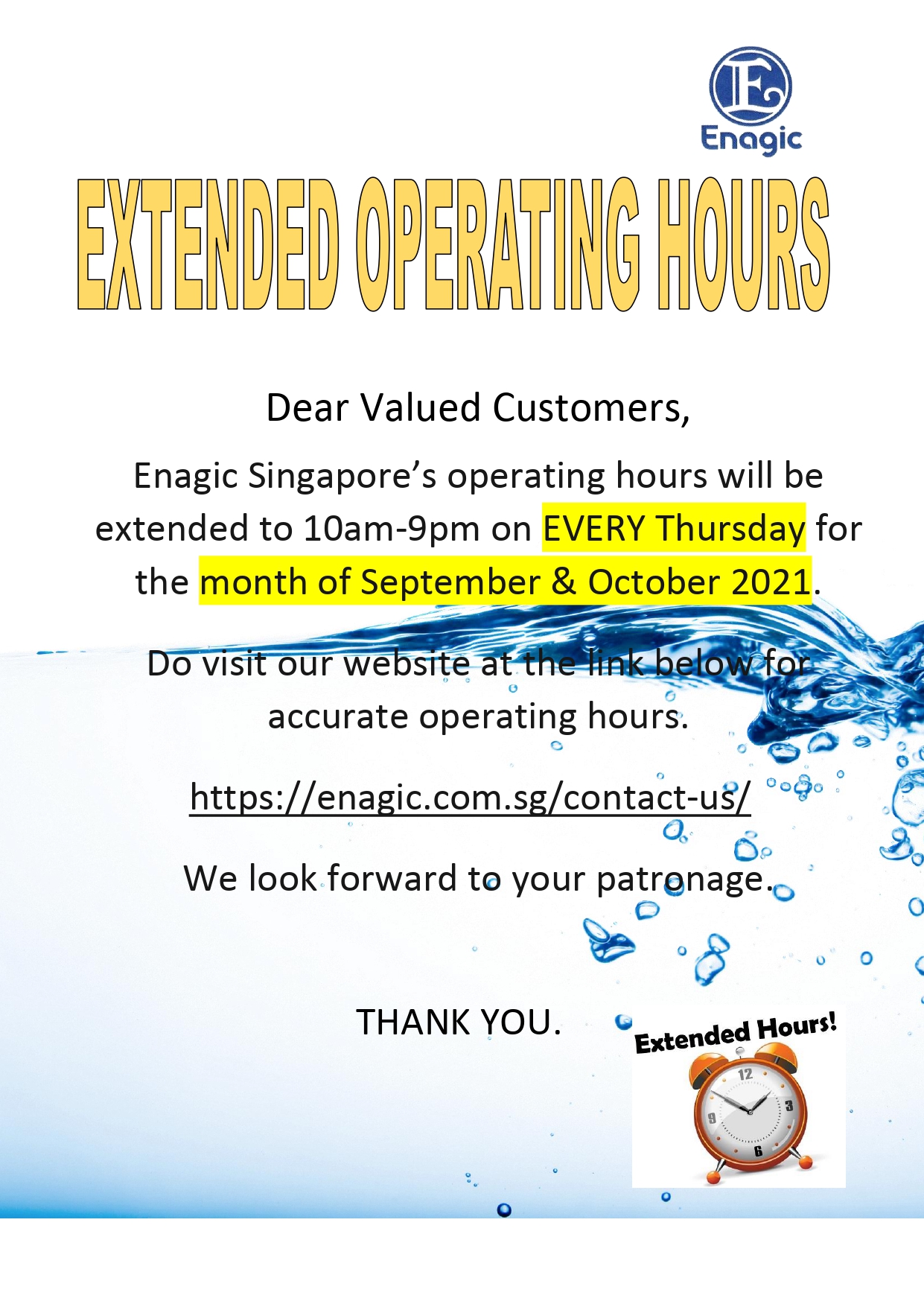 Extended Operating Hour on Thursday for Sep & Oct 2021 Enagic Kangen
