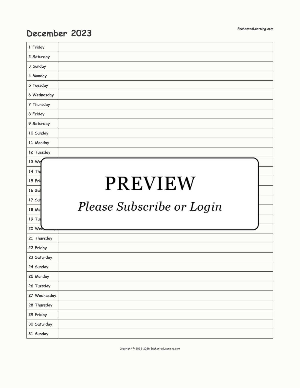 scheduler fall 2023 December 2023 Scheduling Calendar Enchanted Learning
