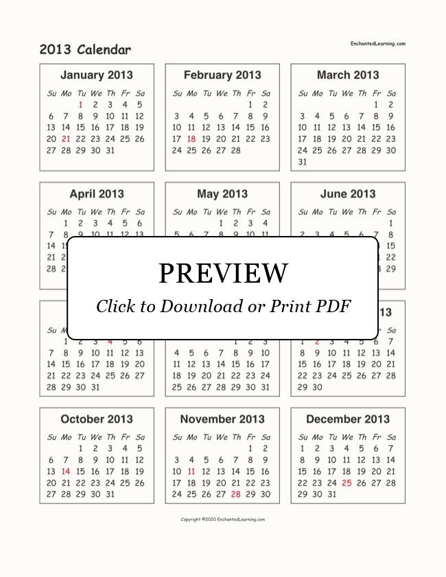 2013 One-Page Calendar - Enchanted Learning