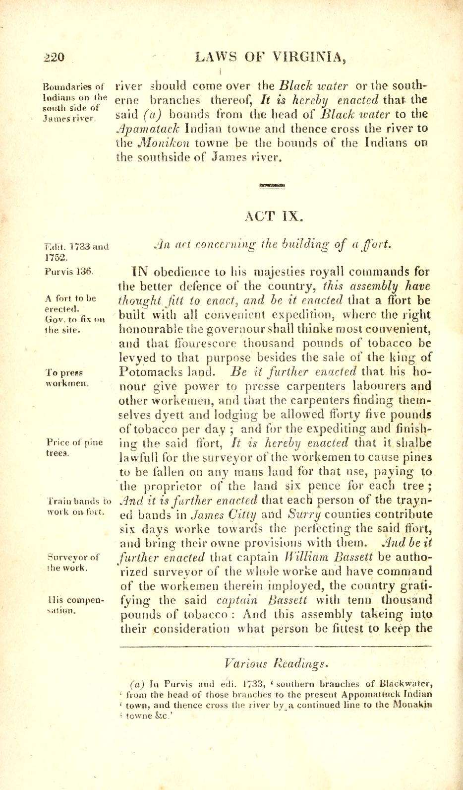 Hening's Statutes at Large, Volume 2, Page 220 Encyclopedia Virginia