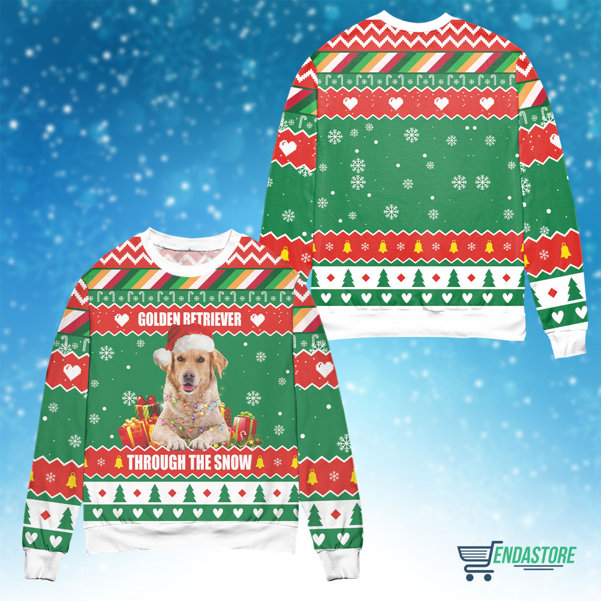 Golden retriever in the snow Christmas sweater