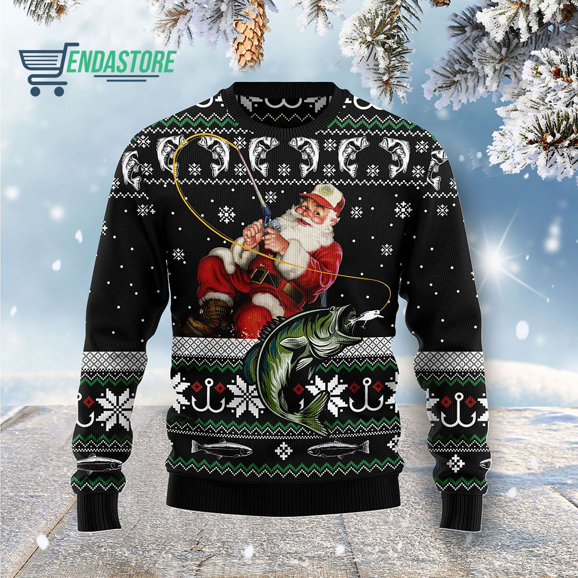Santa Claus fishing ugly Christmas sweater