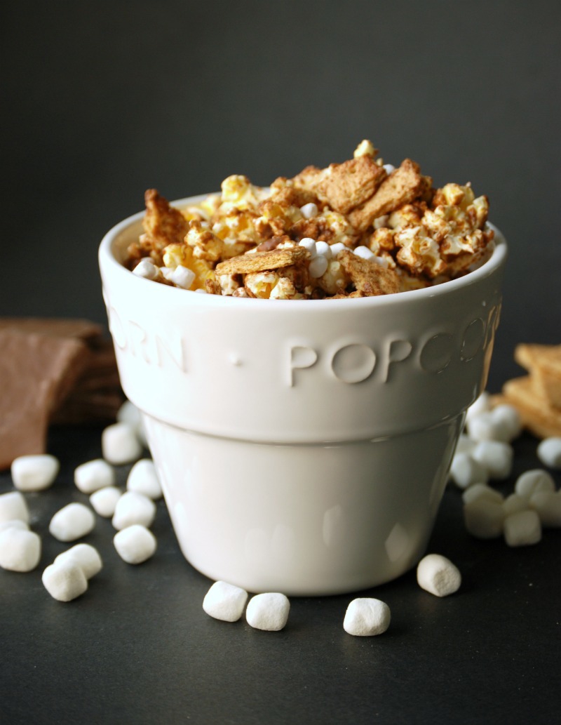 S'mores popcorn Chocolatedrizzled popcorn mixed with marshmallows and