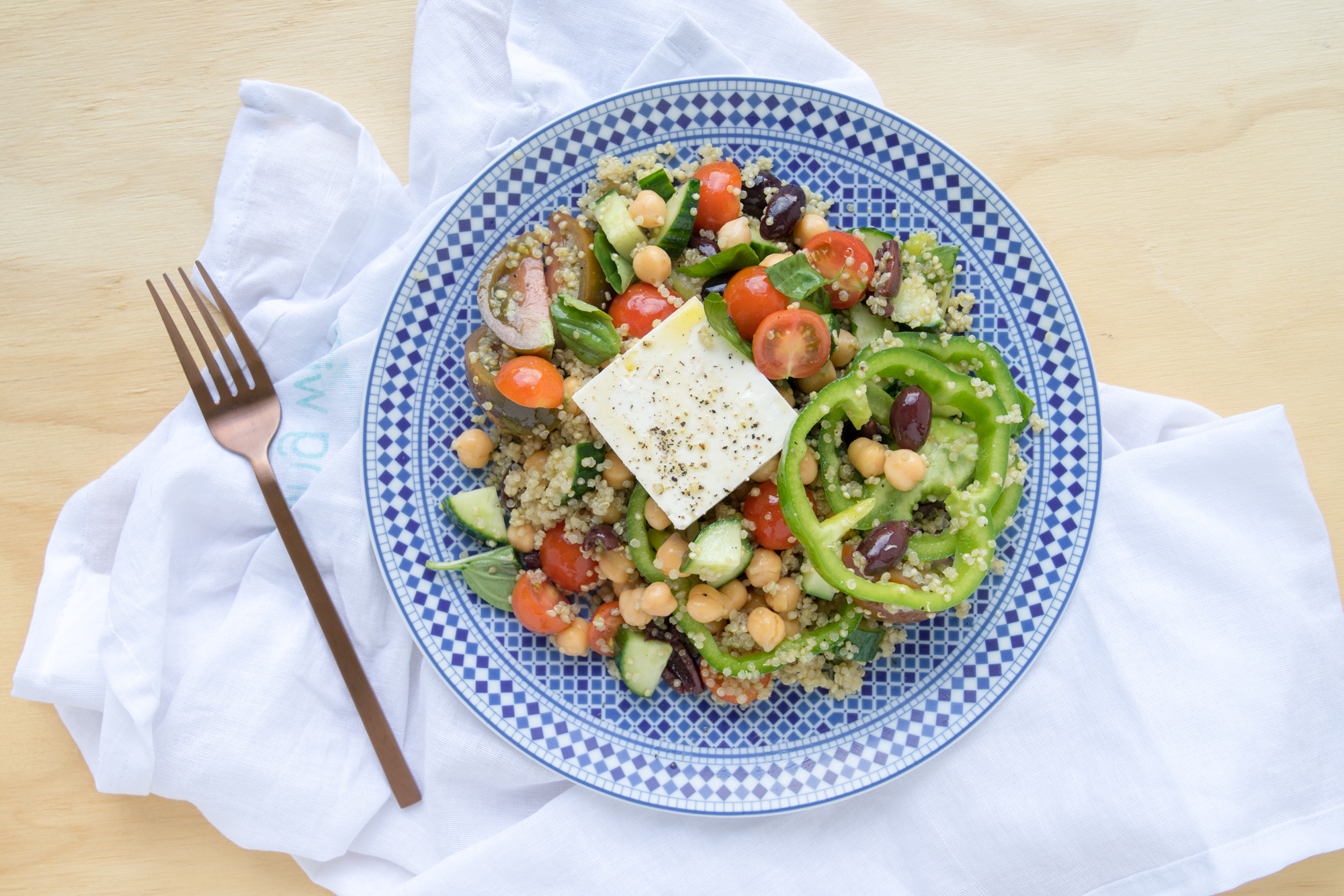 Greek Quinoa Salad with Garbanzo Beans Ends + Stems