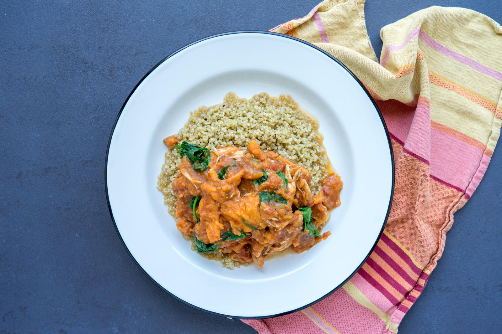 Cinnamon Chicken Stew with Sweet Potato, Quinoa + Spinach Ends