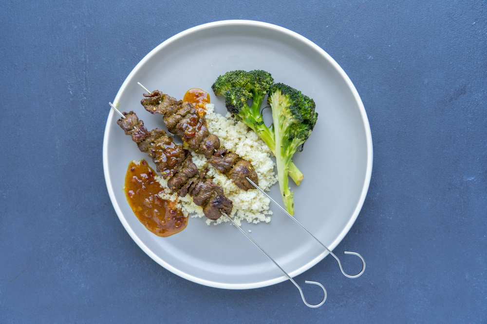 Spiced Flank Steak Kabobs with Apricot Chutney + Broccoli Spears Ends