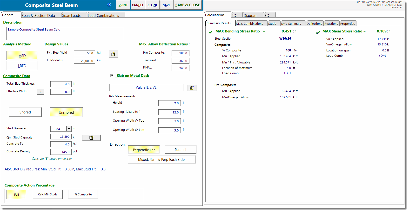 Calculation Modules > Beams > Composite Steel Beam