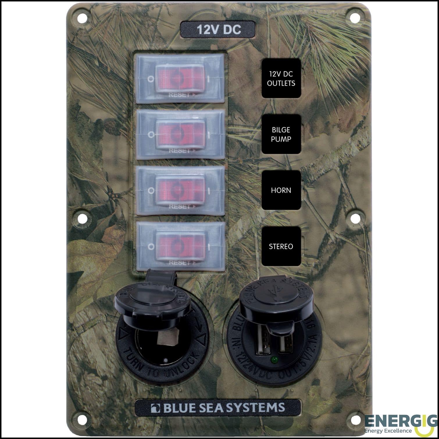 Blue Sea Systems Panel Switch H2O CB 4pos Socket & USB Camo (replaces