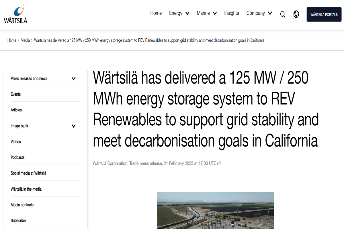 Second Largest EPC by Wartsila to Deliver 125 MW to REV Renewables