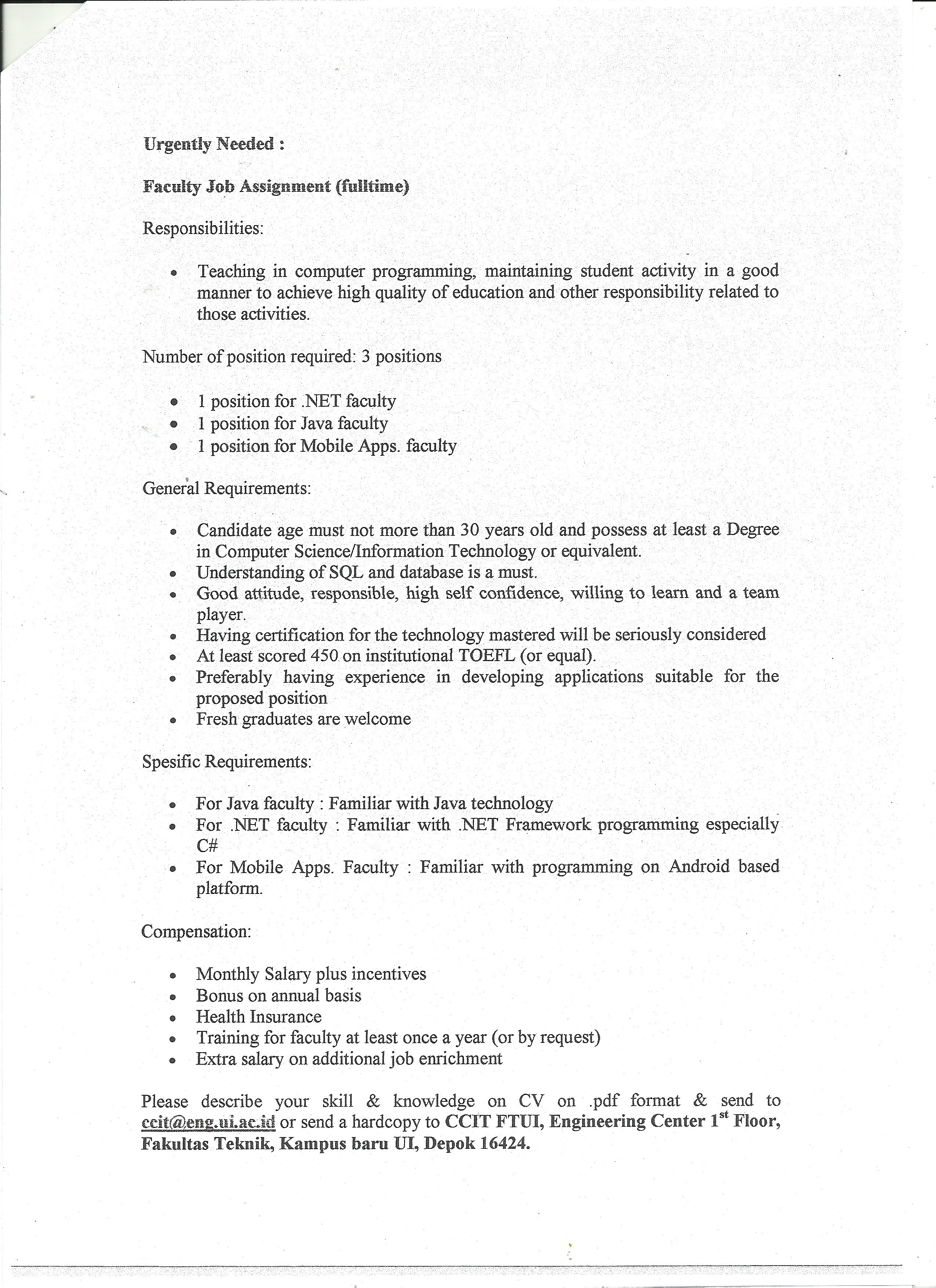 Lowongan Kerja CEPCCIT FTUI Fakultas Teknik Universitas Indonesia