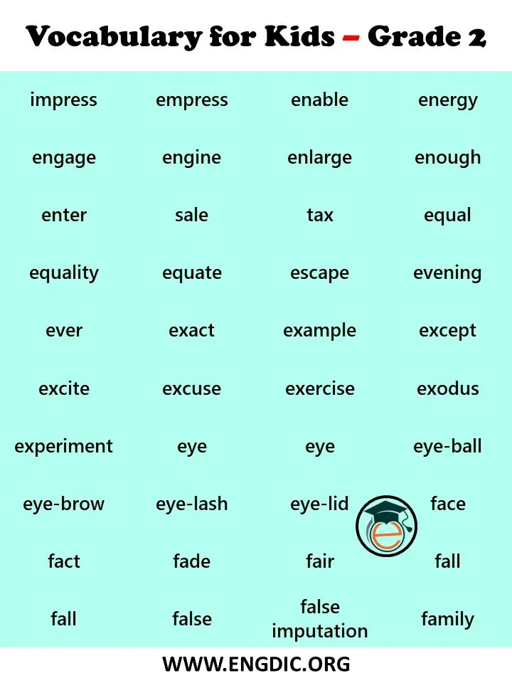 1000 Vocabulary Words for Kids of Grade 2 - Common Words - EngDic