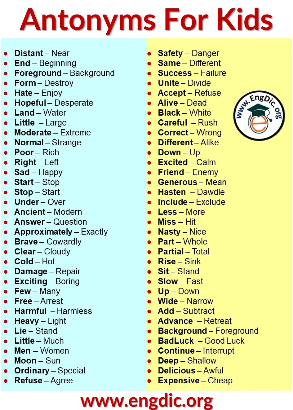 1000+ List of Antonyms for Kids with Pictures and PDF EngDic