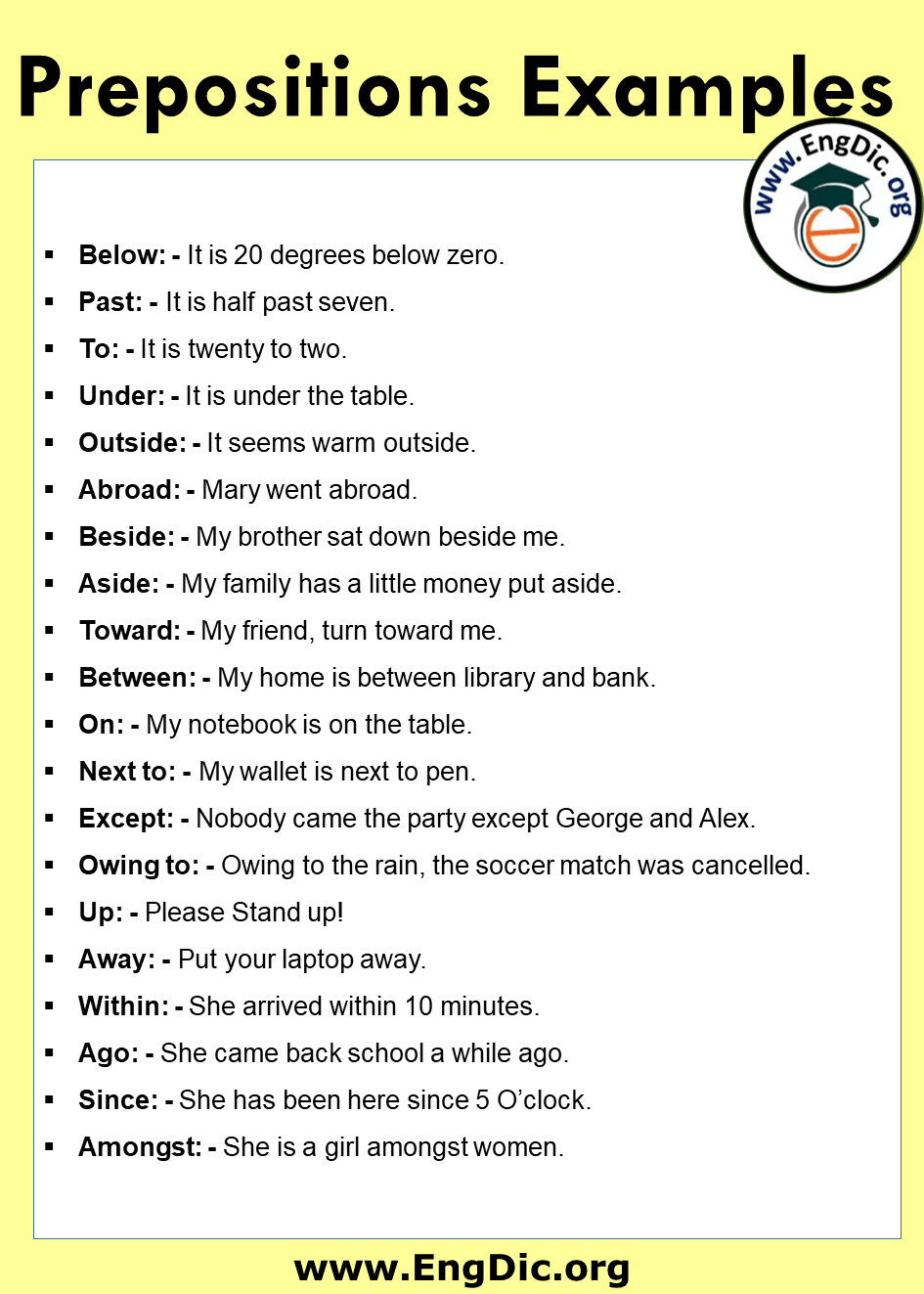 100 Important Preposition List And Using Example Sentences - Engdic