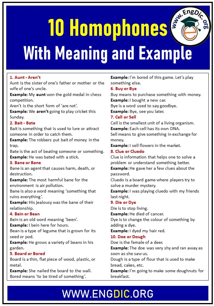 10 Homophones with Meaning and Examples EngDic